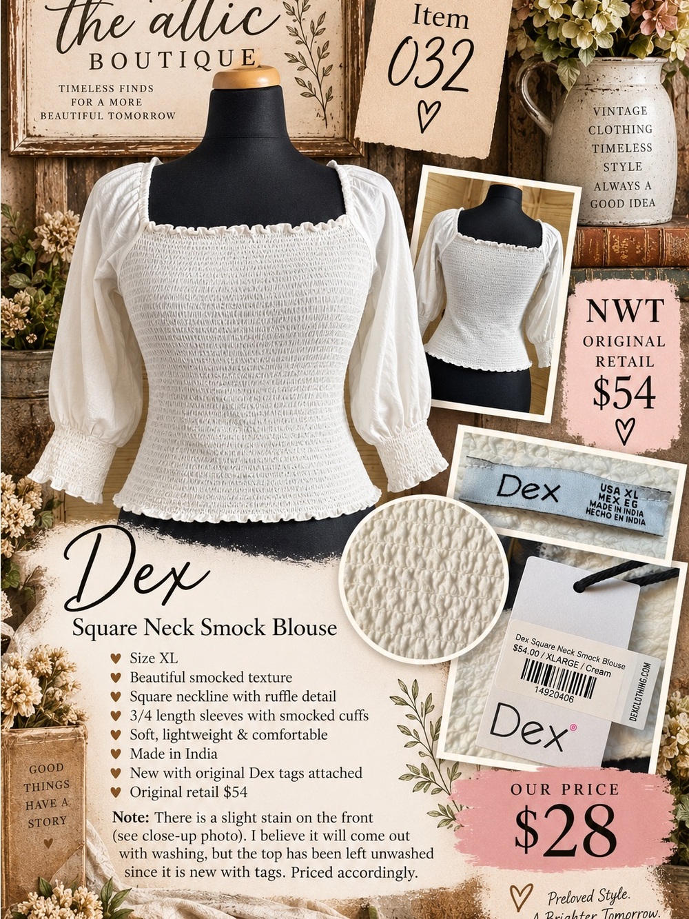 Dex Cream Square Neck Smocked Blouse with Ruffle Trim
